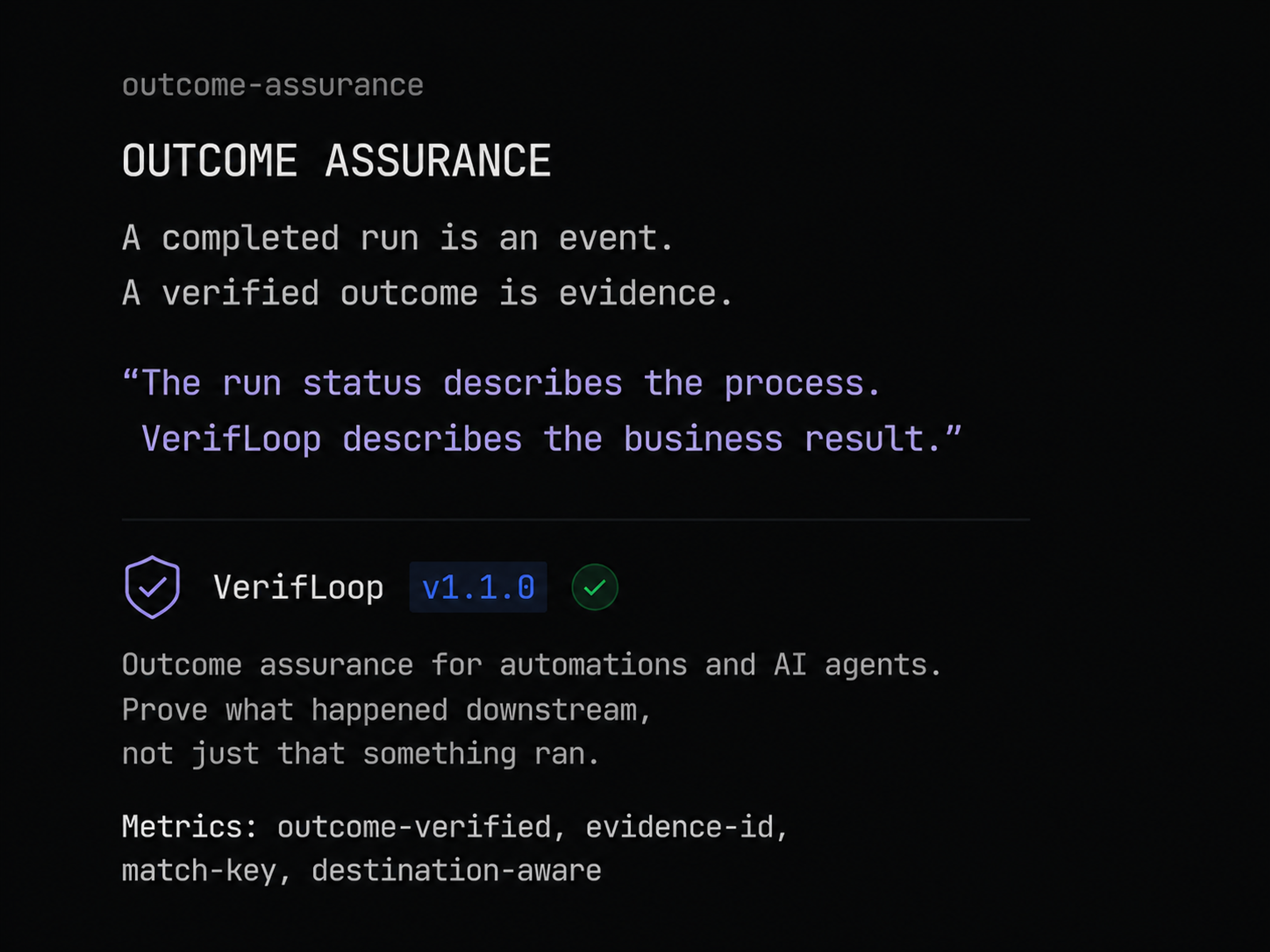 Outcome assurance principle and VerifLoop evidence summary